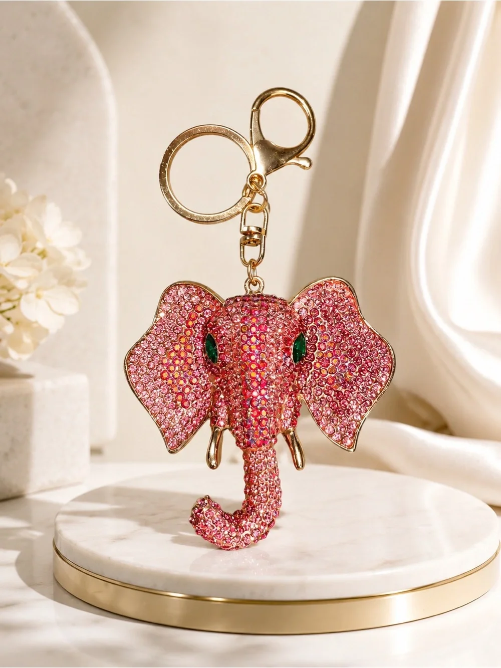 Pink Crystal Elephant Keychain Bag Charm